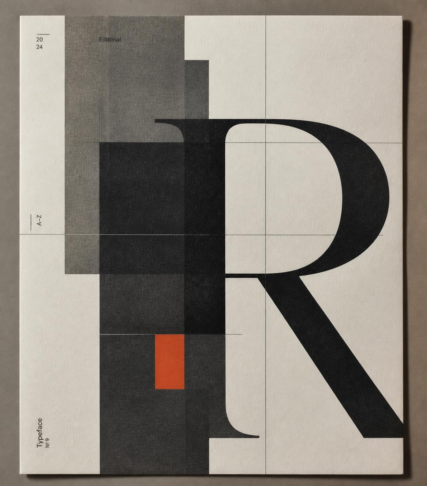 Abstract graphic design composition of overlapping charcoal shapes, grid rules and a large letterform on off-white paper